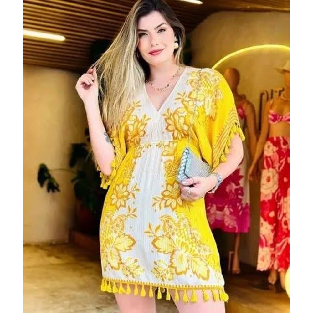 Farm Rio Brazil Yellow Floral Tassel Mini Dress L NEW